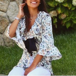 Zara floral print ruffle tie blouse